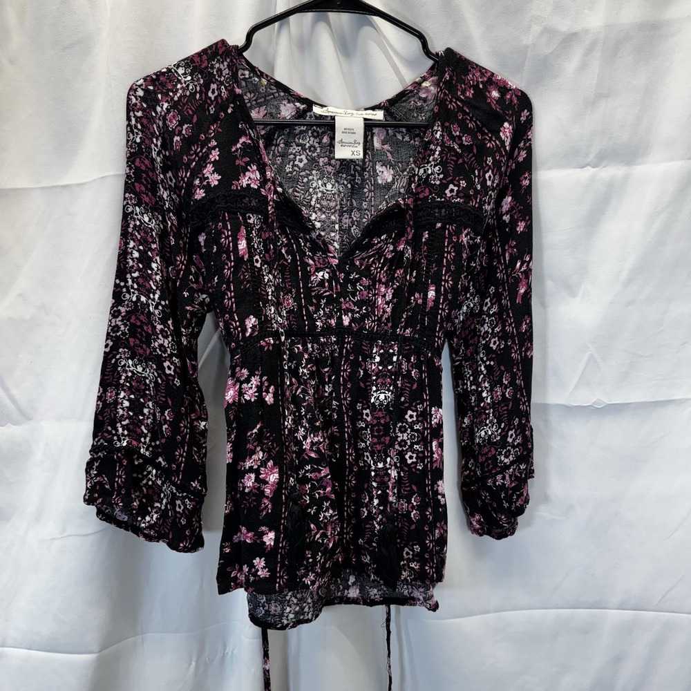 American Rag Women's Shirt‎ Rayon Top Boho Tie Back Y2K Size XS
